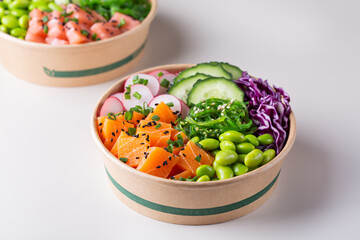 Vegan Poke bowl with Plant based seafood, salmon, tuna