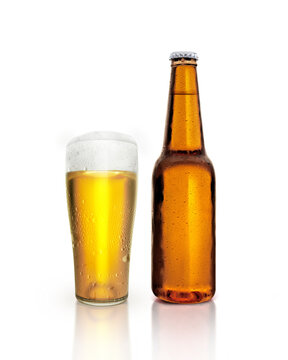 Glass and bottle of beer with water droplets isolated on white background. 3d render