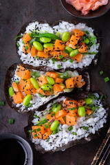 Vegan Sushi Tacos with Plant based salmon, wakame and edamame