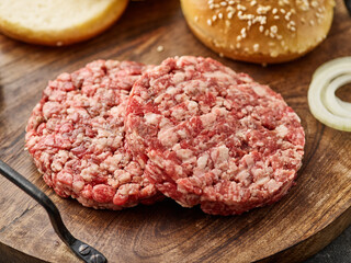 Raw mince meat cutlet, ground beef and pork with bun.