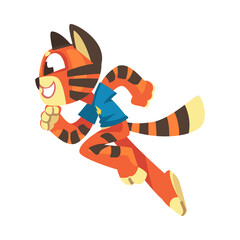 Running Striped Tiger Character with Orange Fur Wearing Blue Sweatshirt Vector Illustration