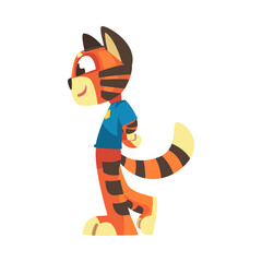 Walking Striped Tiger Character with Orange Fur Wearing Blue Sweatshirt Vector Illustration