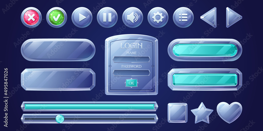 Poster glass game buttons, ui or ux menu panel design elements, progress bars, settings, login and password