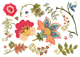 Fantasy flowers in retro, vintage, jacobean embroidery style. Element for design. Vector illustration. © Elen  Lane