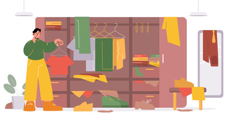 Man arrange chaos in messy wardrobe, walk-in closet. Dressing room with scattered male clothes, shoes and accessories lying around the floor, stick up of drawers, Line art flat vector illustration