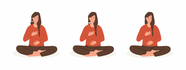Set of yoga postures. Young female doing abdominal exercise. Woman exhaling and inhaling. Deep belly breathing practice. Meditation, diaphragm breathing, pranayama yoga. Vector flat style illustration - obrazy, fototapety, plakaty