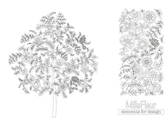 A lot of different fantasy flowers. Millefleurs trendy floral design. Blooming midsummer meadow seamless pattern. Clip art, set of elements for design Outline vector illustration.