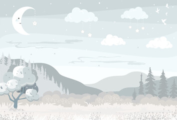 Landscape, mountains, nature, forest, month, stars, clouds, sky, pines, firs, trees, hiking, tourism, children's, cartoon, game, background,