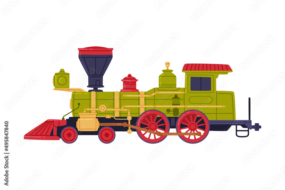 Poster vintage steam locomotive or engine as rail transport vehicle vector illustration