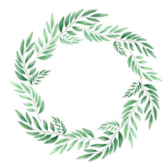 Botanical wreath of green branches and leaves. foliage frame for decoration, design, label. Green fresh leaves in round composition.