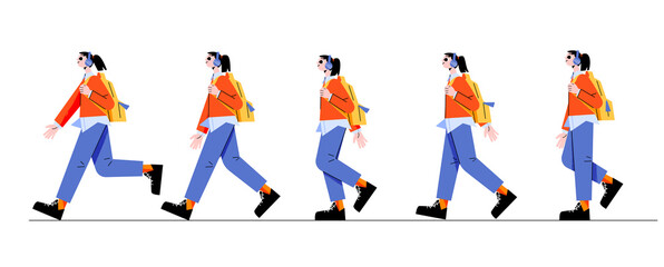 Woman walk cycle sequence for creating game animation. Pictures frame with teenager girl wear headphones walking with backpack, passerby, tourist movement, Cartoon flat vector line art illustration