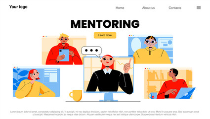 Mentoring landing page, business coach chatting with employees online. Mentorship, support and training people to achieve career goals. tutor and workers on pc screens, Line art flat vector web banner