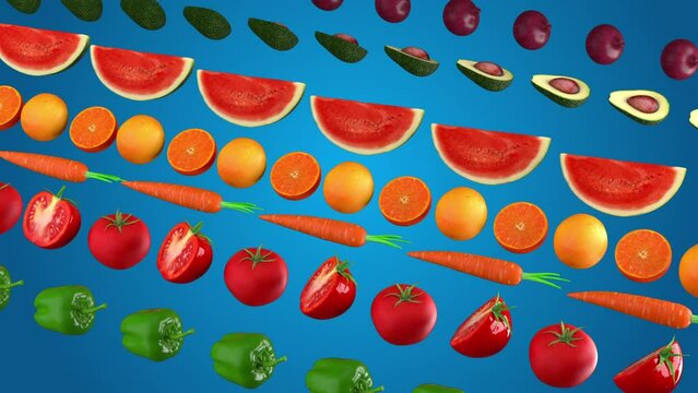 Beautiful animated fresh whole and cut fruits and vegetables on blue background in rows with subtle motion.