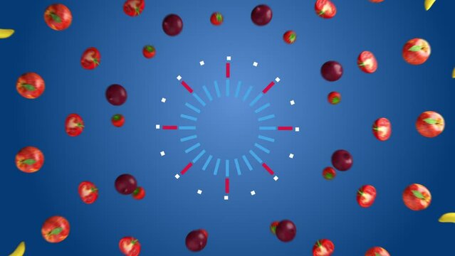Beautiful animated fresh fruits and vegetables in circle on  blue background.