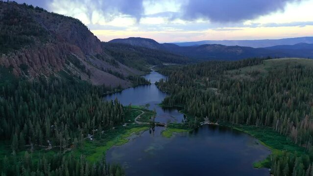 Twin Lakes And The Surrounding Mountains Located In Mammoth Lakes, California, USA - aerial drone shot