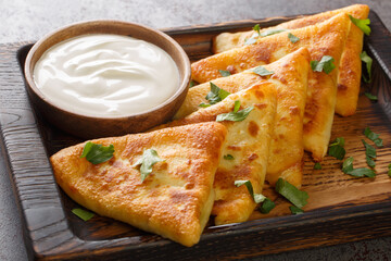 Ukrainian delicious pies benderyki with meat served with sour cream close-up on a wooden tray on the table. Horizontal