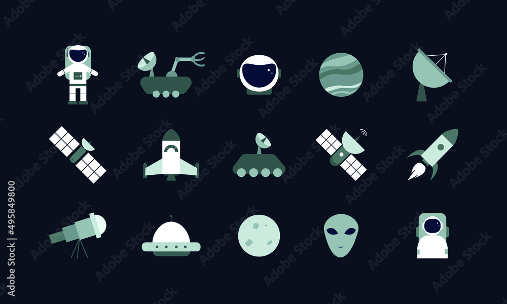 Poster set of outer space expeditions equipment. illustration collection in flat cartoon style. colored sci