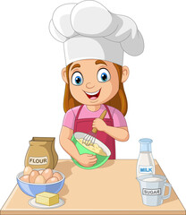 Cartoon little girl cooking making a cake