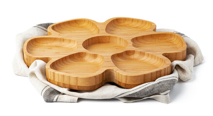 Wooden plate and tablecloth on white background