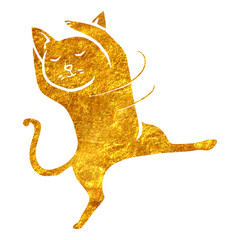 Hand drawn gold foil texture dancing cat.