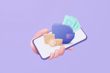 Fotobehang 3D money coin hand holding on pastel background. holding money wallet in smartphone concept, wallet coin and payment 3d vector render concept. finance, investment, money saving on mobile isolated © Vector Stock Pro