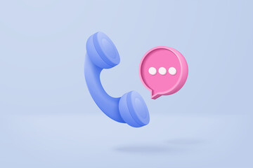 3d minimal call phone and bubble talk on blue background. Talking with service support hotline and call center icon concept. 3d vector render telephone for contact customer on isolated background - obrazy, fototapety, plakaty