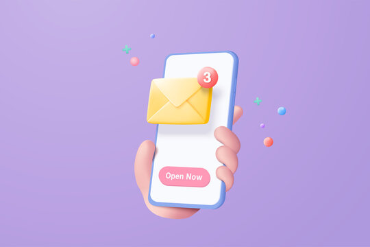 3d mail envelope icon with notification new message in hand holding smartphone. Minimal email letter with letter paper read icon. message concept 3d vector render isolated purple pastel background
