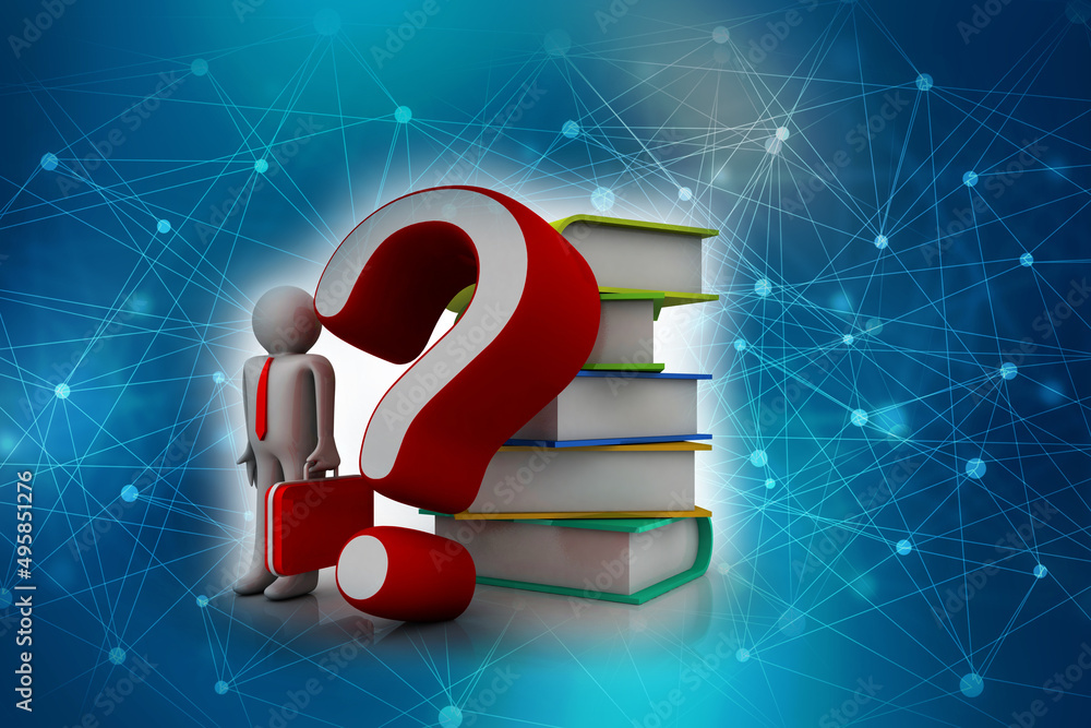 Aufkleber 3d rendering books with question mark symbol near student