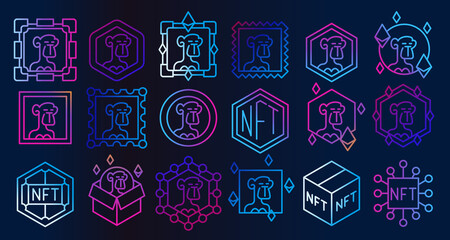 NFT Gallery line icon set. Bright Neon icons of non fungible token. Apes NFT pictogram collection.