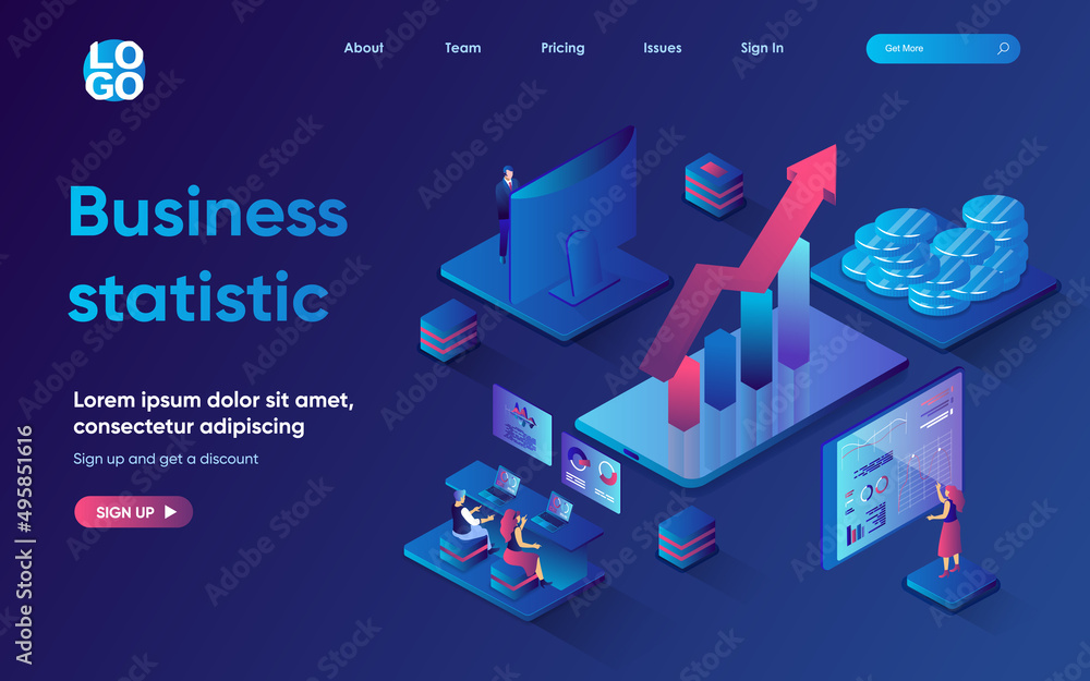 Aufkleber Business statistic control concept 3d isometric web landing page. People analyze company financial data, create strategy to develop and increase profits. Vector illustration for web template design