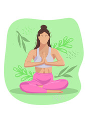 a girl does yoga against a background of greenery in a lotus position