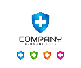 Obraz premium Shield logo accompanied health symbol. Shield logo accompanied health symbol, Abstract symbol of security, Shield icon, Shield health logo, Medical logo vector template