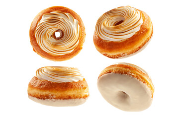 Three tier milk brioche doughnuts in different angles with rich swirly cream