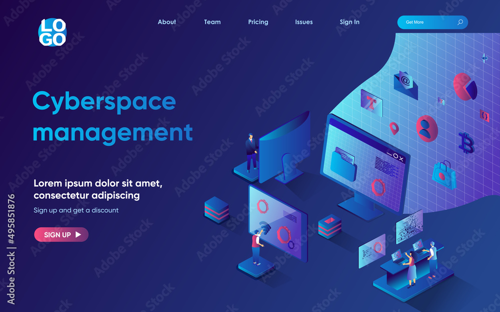 Aufkleber Cyberspace management concept 3d isometric web landing page. People upload and transfer files, manage, store and share information using cloud technologies. Vector illustration for web template design
