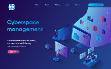 Cyberspace management concept 3d isometric web landing page. People upload and transfer files, manage, store and share information using cloud technologies. Vector illustration for web template design