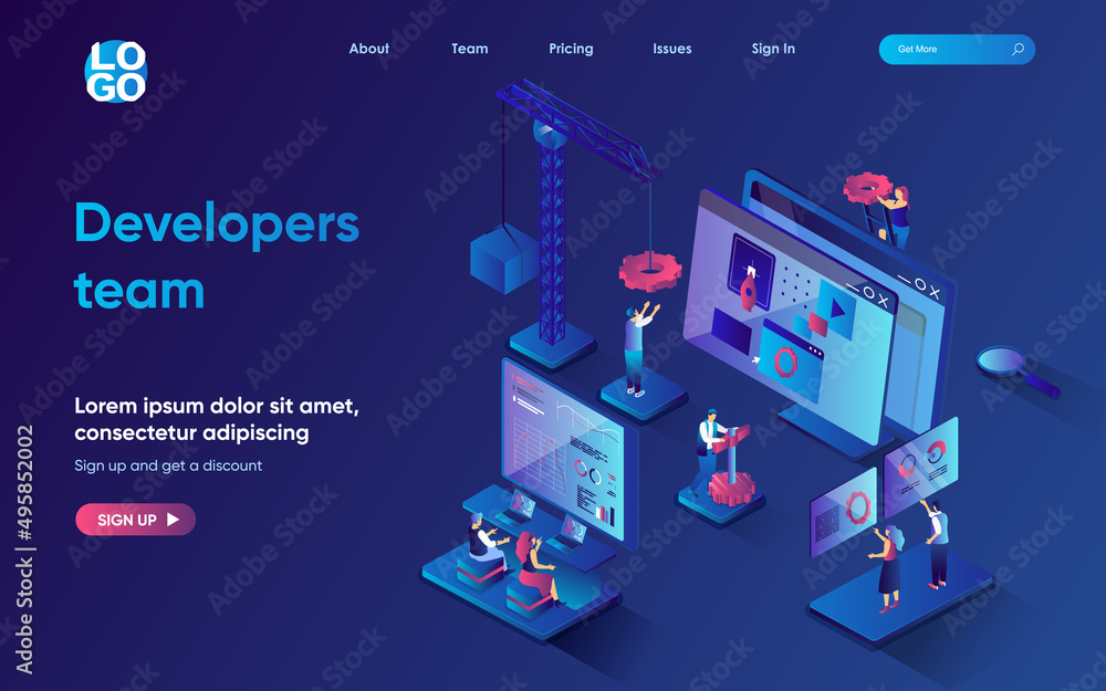 Poster developers team concept 3d isometric web landing page. people develop programs and applications, opt