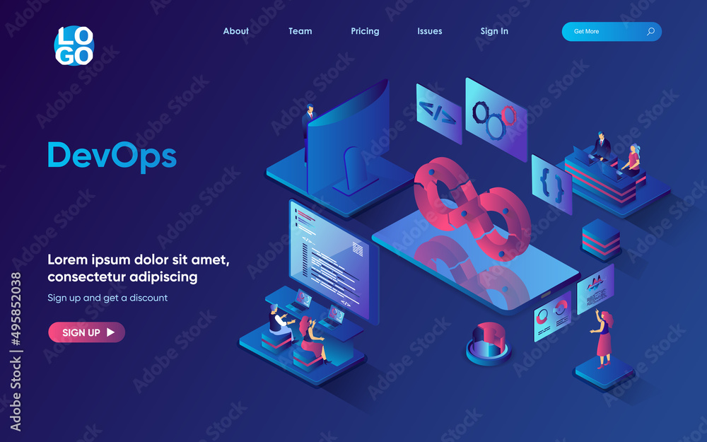 Wall mural devops concept 3d isometric web landing page. people working in team, programmers interact with tech