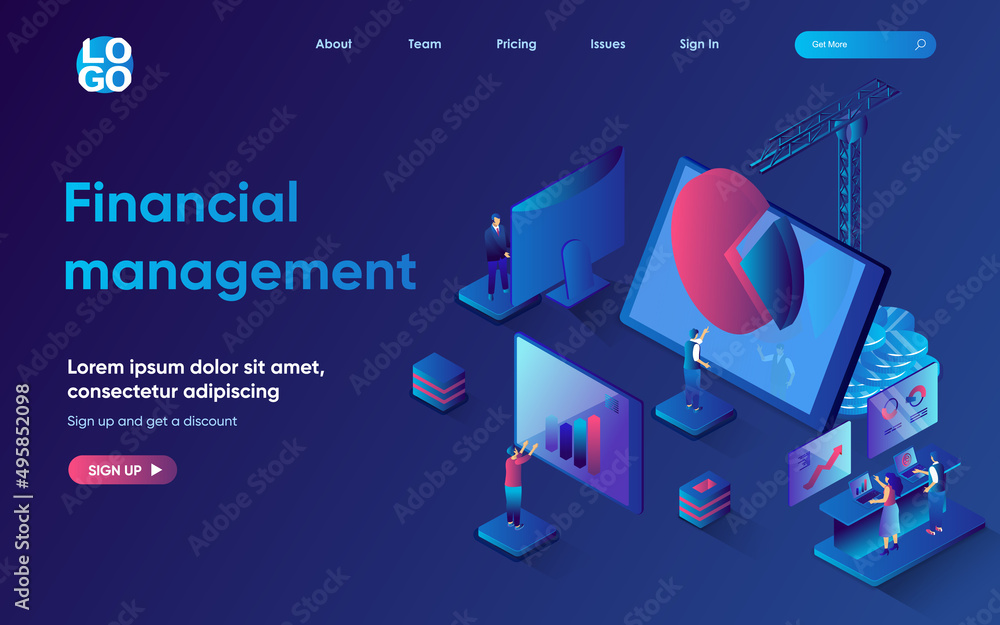 Aufkleber financial management concept 3d isometric web landing page. people analyze data on income and expens