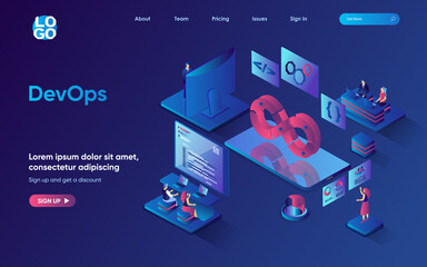 DevOps concept 3d isometric web landing page. People working in team, programmers interact with tech support engineers, development operation. Vector illustration for web template design