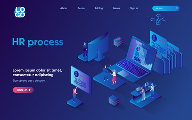 Fototapeta na wymiar HR process concept 3d isometric web landing page. People search for candidates for open vacancies, look at resumes and choose best employee for company. Vector illustration for web template design