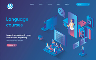 Naklejka premium Language courses concept 3d isometric web landing page. People study foreign languages in courses, study with teacher in classroom and online applications. Vector illustration for web template design