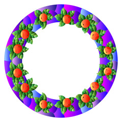 Illustration in stained glass style frame with apples and leaves on blue background, isolated on white background