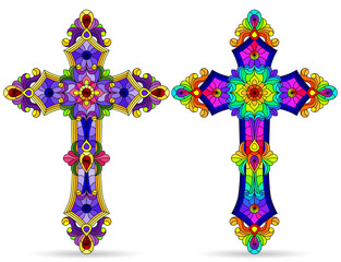 A set of stained glass illustrations with Christian crosses isolated on a white background