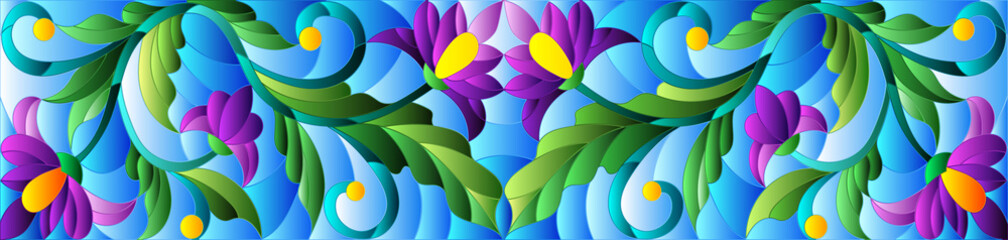 Illustration in stained glass style with abstract purple flowers on a blue background