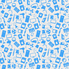 Seamless background with a simple  icons on the topic of household appliances, a blue silhouettes of icons on a light background