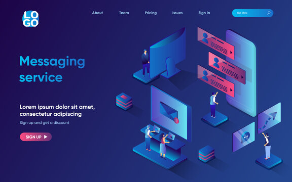 Messaging service concept 3d isometric web landing page. People correspond online, send and receive messages and emails using programs and applications. Vector illustration for web template design