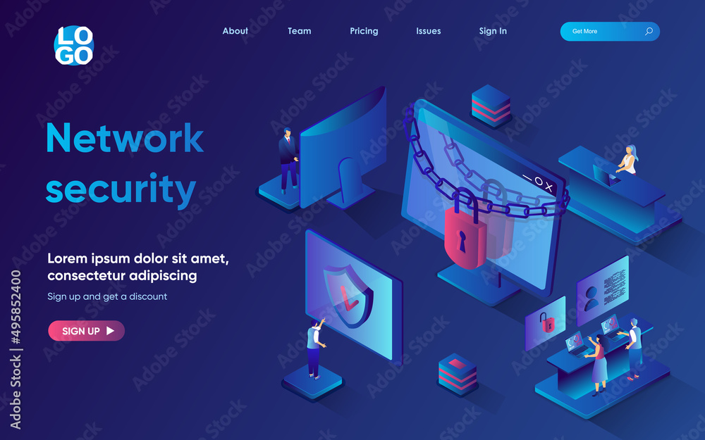 Poster network security concept 3d isometric web landing page. people use secure access to accounts, server
