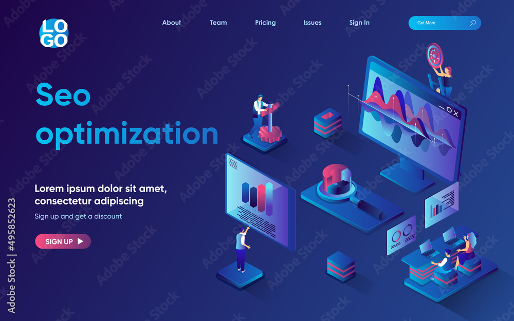 Poster seo optimization concept 3d isometric web landing page. people do research and analyze data, optimiz