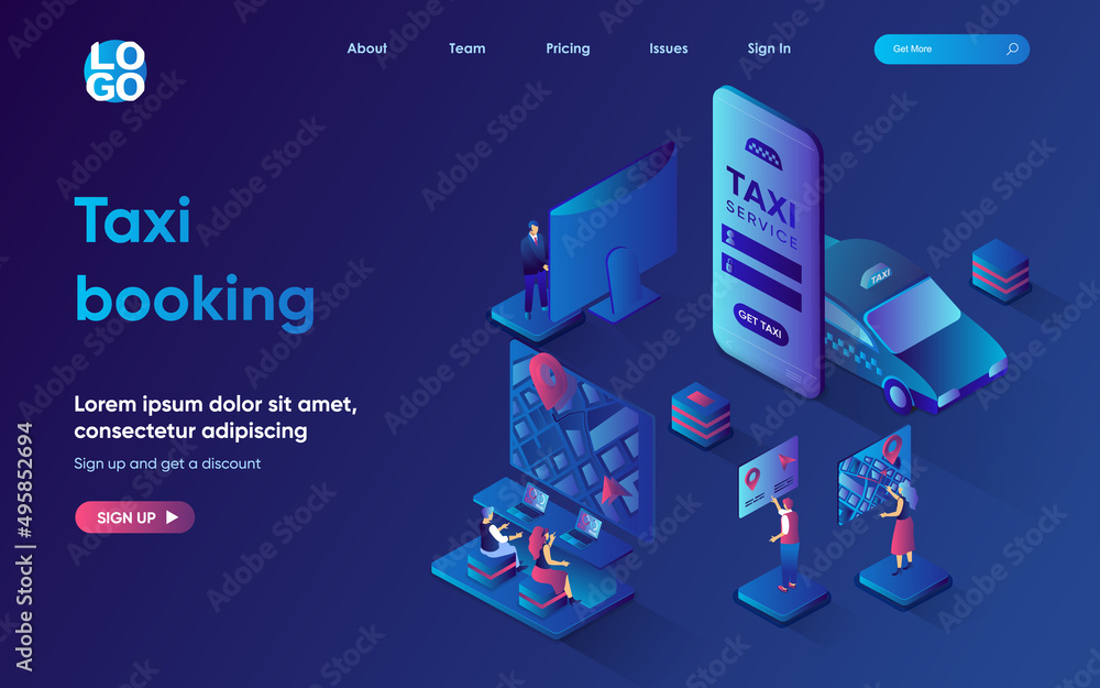 Aufkleber taxi booking concept 3d isometric web landing page. people use taxi service in mobile app for orderi