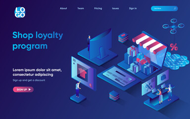 Shop loyalty program concept 3d isometric web landing page. People make purchases and receive bonuses and gifts from stores, smart shopping with discounts. Vector illustration for web template design